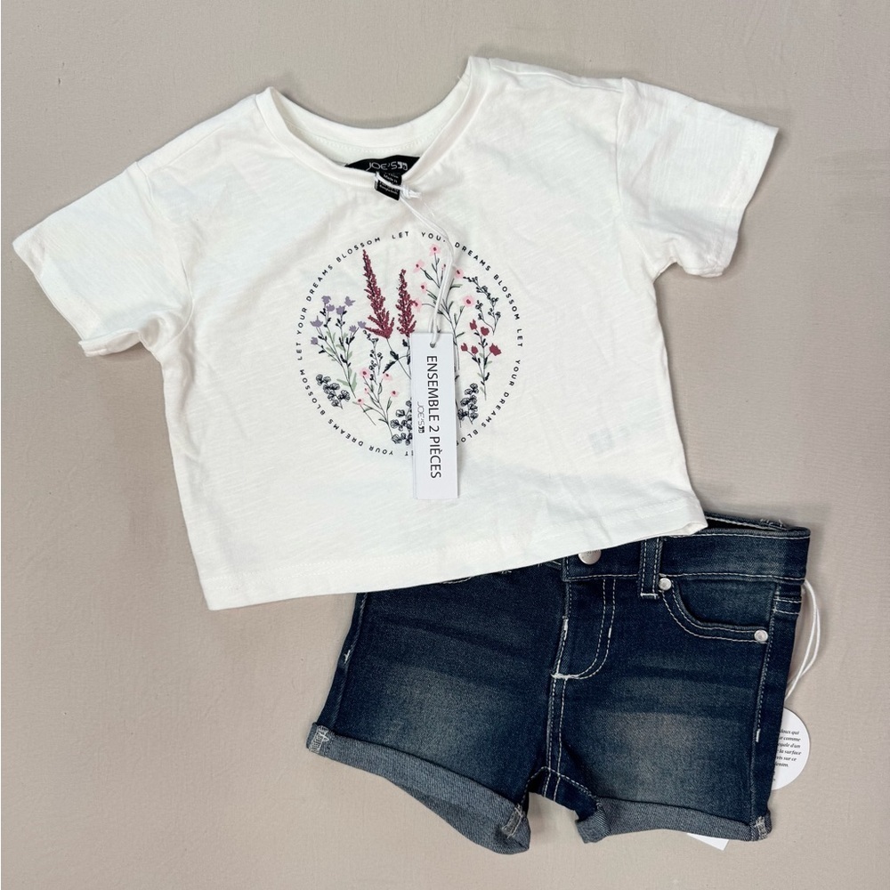 Joe’s Jeans Outfit Set Baby Girls 12 Mo Floral White Graphic Tee Denim Shorts